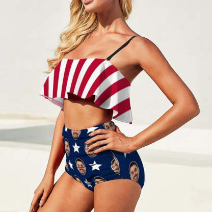 Custom Face American Flag Personalized Bikini Swimsuit Ruffle Bathing Suits Celebrate Holiday Party