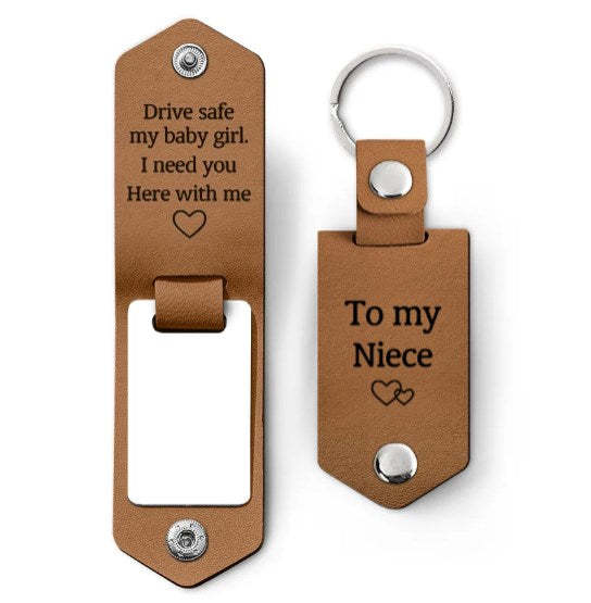 Custom Photo Drive Safe My Baby Girl I Need You Here With Me - Birthday, Loving Gift For Girl, Daughter, Granddaughter - Personalized Leather Photo Keychain-ilovevango