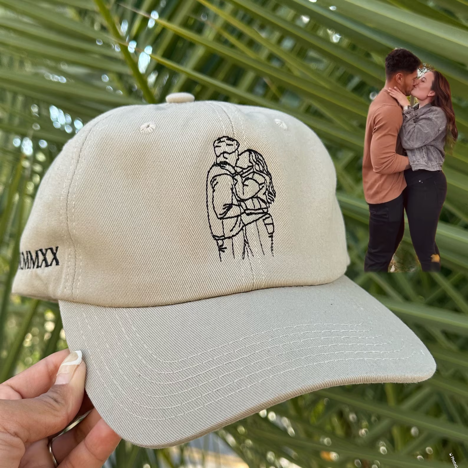 Line Art Portrait Embroidered with Roman Numerals Date on Mom Dad Hat-ilovevango