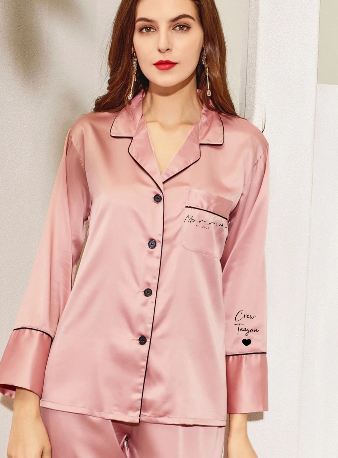 Custom Mama Mommy Print Women Pajamas Sleepwear Ice Silk PJ Set, Personalized Pajama Set Comfortable, Gift For Mom-ilovevango