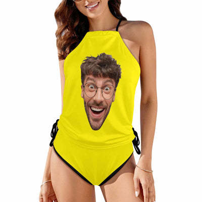 Custom Big Face Black Womens Swimsuit Tankini Top Sets Two Piece Bathing Suit with Tie Side