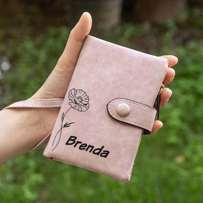 Personalized Tri-Fold Birth Flower Leather Wallet Card Holder Birthday Gift for Woman-ilovevango
