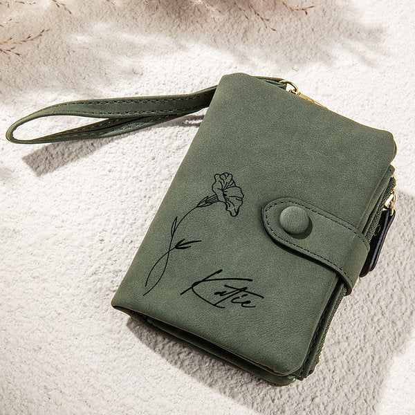 Personalized Tri-Fold Birth Flower Leather Wallet Card Holder Birthday Gift for Woman-ilovevango