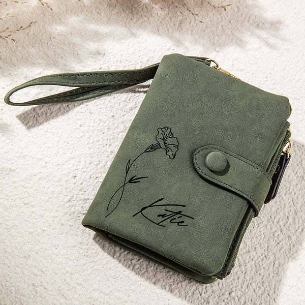 Personalized Tri-Fold Birth Flower Leather Wallet Card Holder Birthday Gift for Woman-ilovevango
