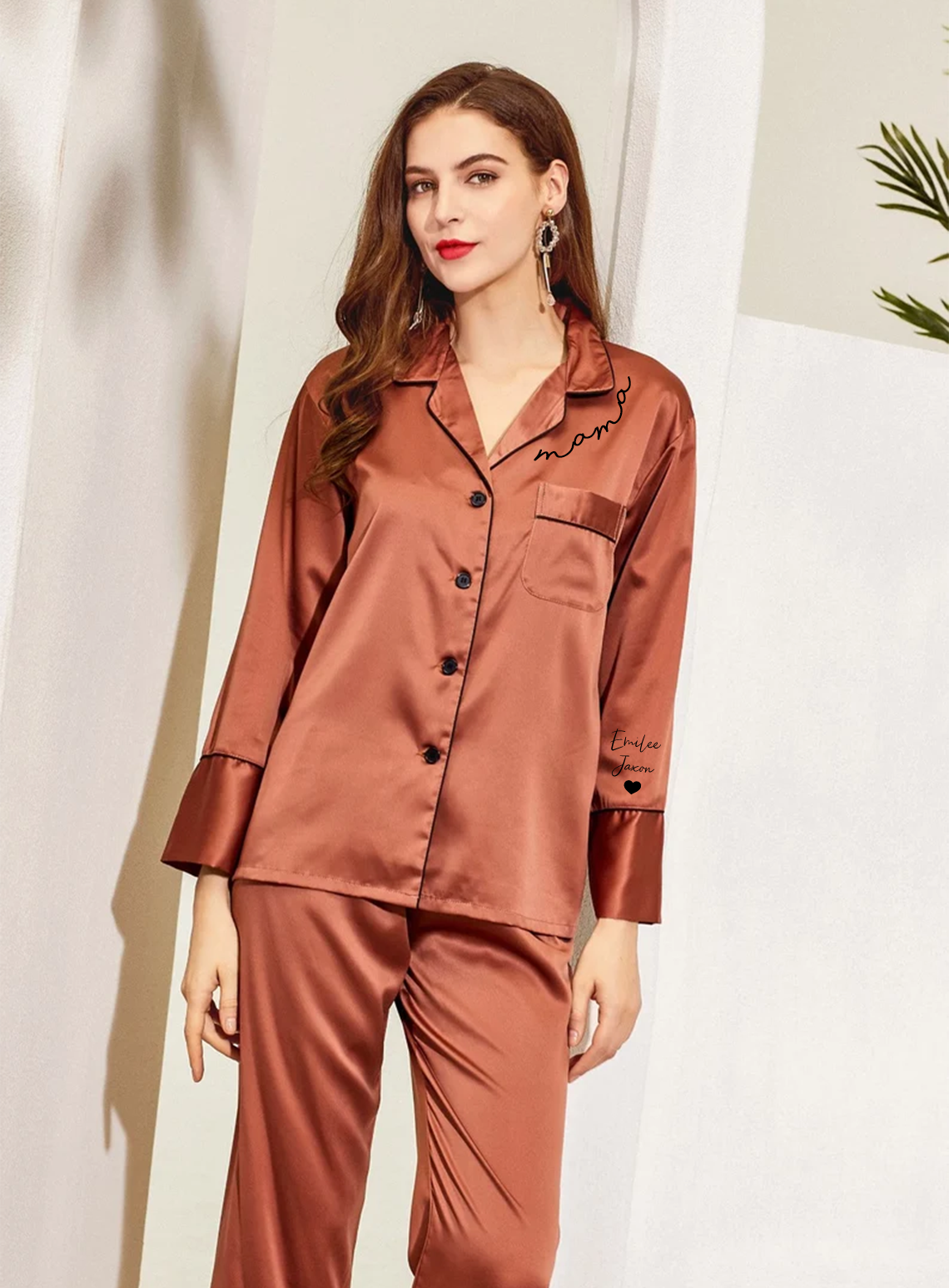Custom Mama Mommy Print Women Pajamas Sleepwear Ice Silk PJ Set, Personalized Pajama Set Comfortable, Gift For Mom-ilovevango