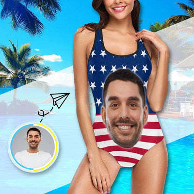 Custom Husband Face American Flag Swimsuit Personalized Tank Top One Piece Bathing Suit Celebrate Holiday Party-ilovevango