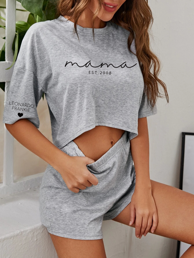 Custom Mama Solid Drop Shoulder Lounge Set With Kid Name on Sleeve, Mothers Day Gift-ilovevango
