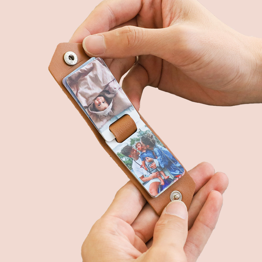 Up to 8 photos Personalized double-sided leather keychain