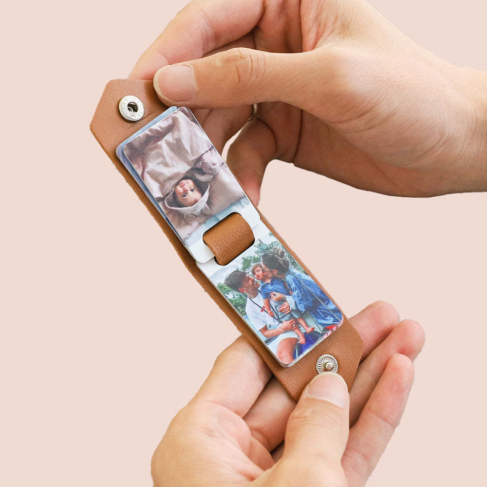 Up to 8 photos Personalized double-sided leather keychain