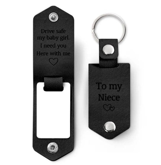 Custom Photo Drive Safe My Baby Girl I Need You Here With Me - Birthday, Loving Gift For Girl, Daughter, Granddaughter - Personalized Leather Photo Keychain-ilovevango