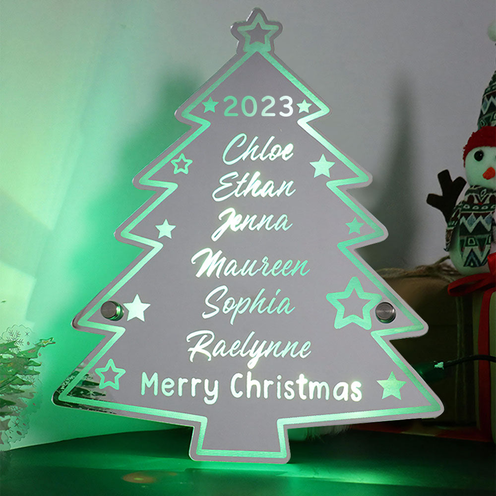 🎄Personalized Family Name Christmas Tree Mirror Light Neon Sign With LED Lights Custom Text Multicolor Glow Wall Decor