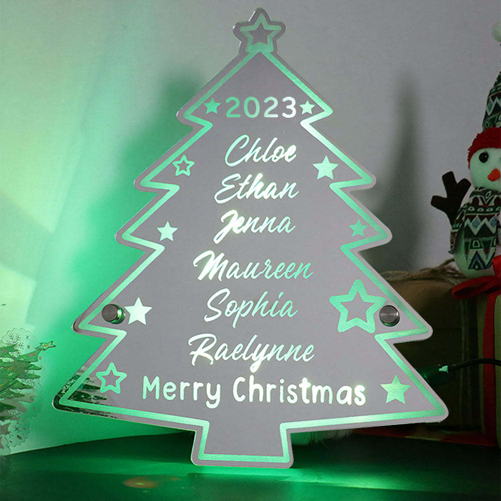 🎄Personalized Family Name Christmas Tree Mirror Light Neon Sign With LED Lights Custom Text Multicolor Glow Wall Decor