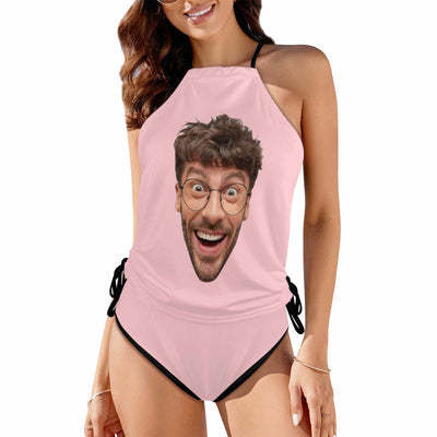 Custom Big Face Black Womens Swimsuit Tankini Top Sets Two Piece Bathing Suit with Tie Side