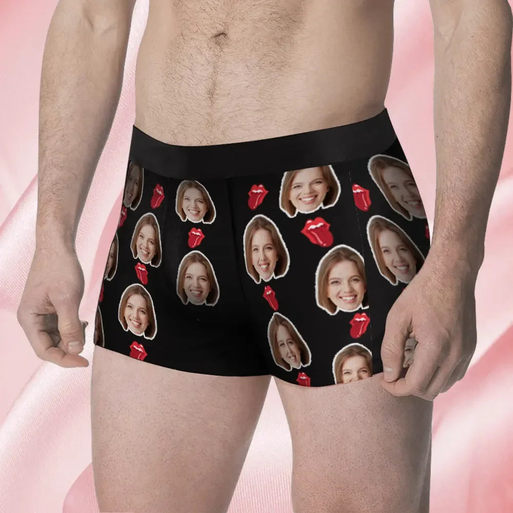 Custom Face Men's Boxer Kiss Lip Gift For Him Couple Style Underwear, Birthday Gifts for Husband, Waistband Text Boxer Gift-ilovevango