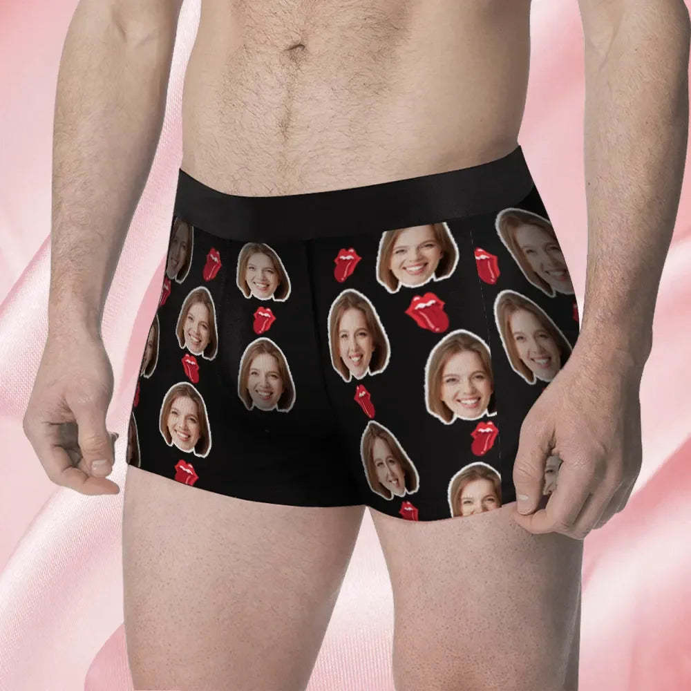 Custom Face Men's Boxer Kiss Lip Gift For Him Couple Style Underwear, Birthday Gifts for Husband, Waistband Text Boxer Gift-ilovevango