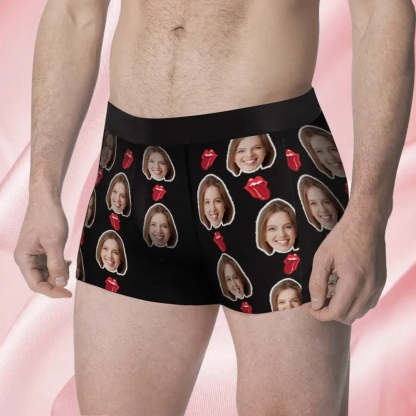 Custom Face Men's Boxer Kiss Lip Gift For Him Couple Style Underwear, Birthday Gifts for Husband, Waistband Text Boxer Gift-ilovevango