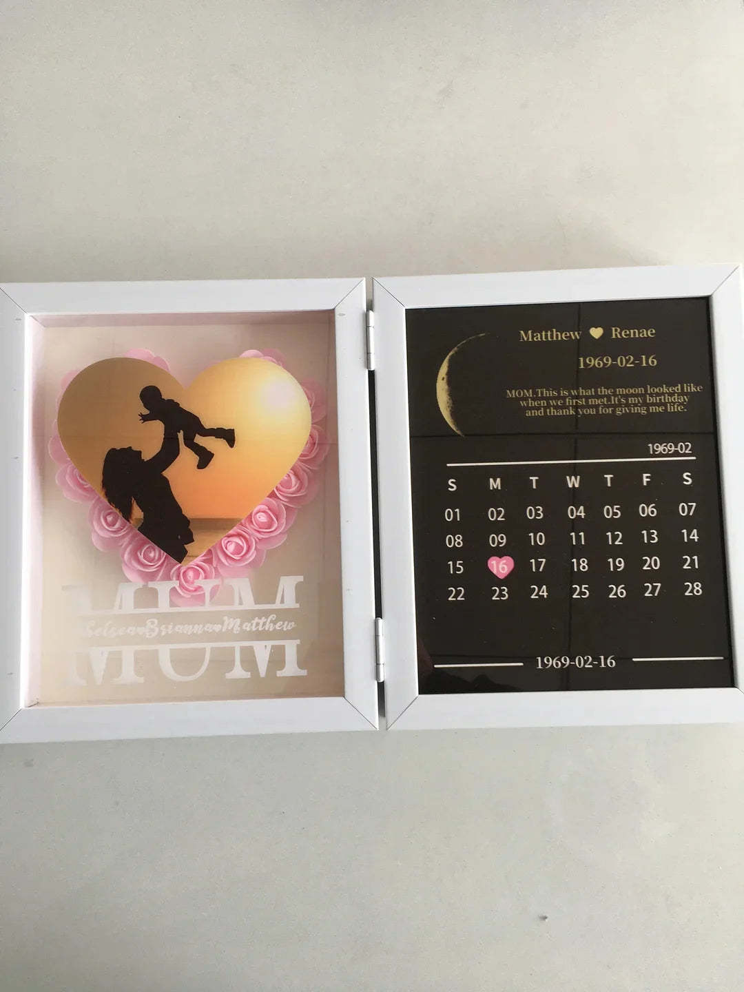 (Mom Photo With Name) With REAL MOON PHASE Anniversary Calendar Custom flower frame-ilovevango