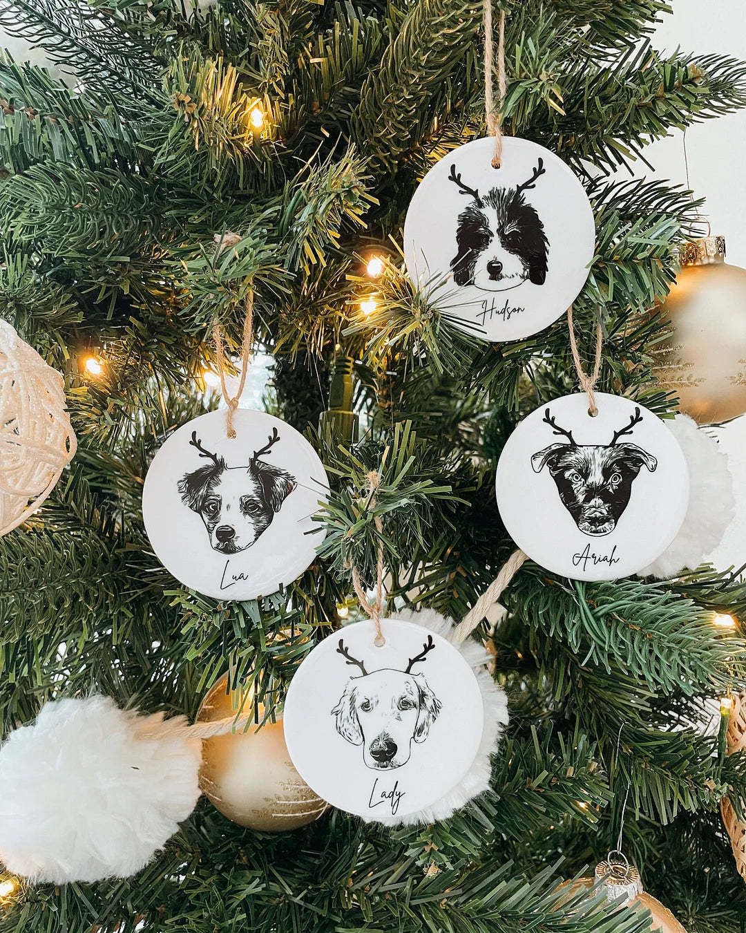 Happy Christmas With Fur Babies - Personalized Pet Portrait Ceramic Christmas Ornament - Customized Decoration Gift.-ilovevango