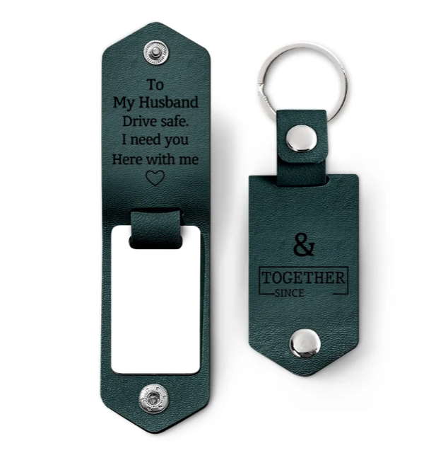 Custom Photo Together Since Drive Safe I Need You Here With Me - Gift For Boyfriends, Husbands, Couples - Personalized Leather Photo Keychain-ilovevango