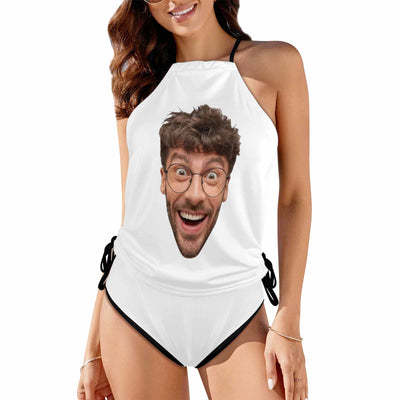 Custom Big Face Black Womens Swimsuit Tankini Top Sets Two Piece Bathing Suit with Tie Side