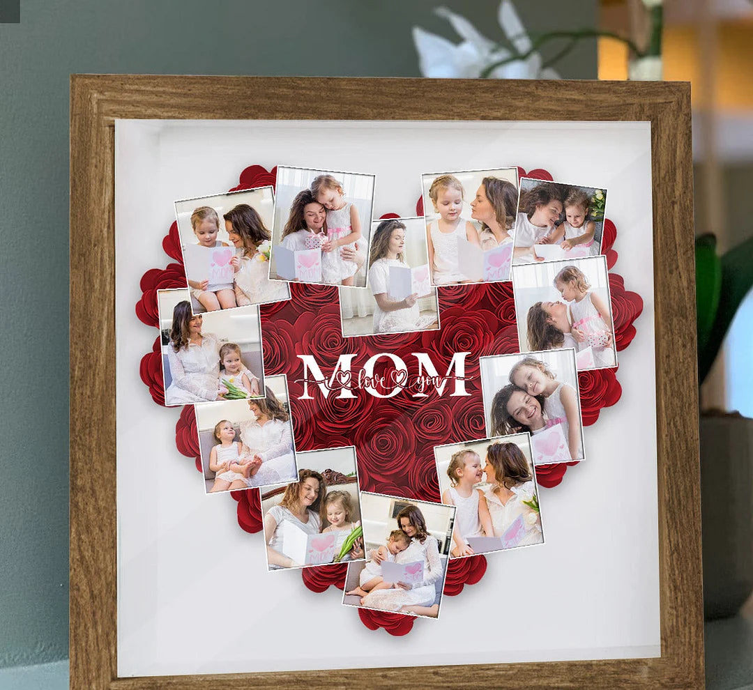 Heart Photos Mom We Love You - Personalized Mother Flower Shadow Box