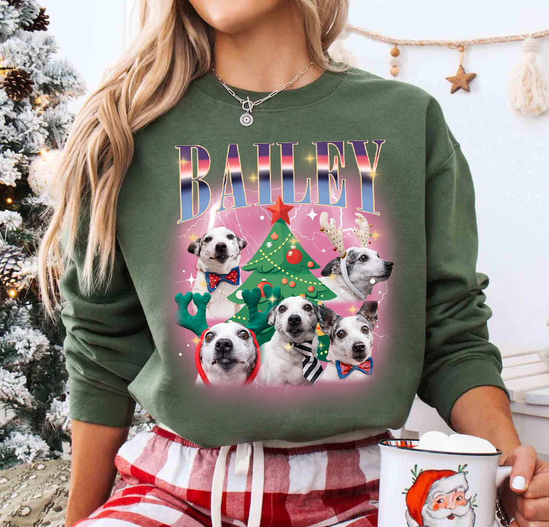 Christmas Tree Bootleg Dog Photo Sweatshirt T Shirt Hoodie, Custom Vintage Christmas Shirt