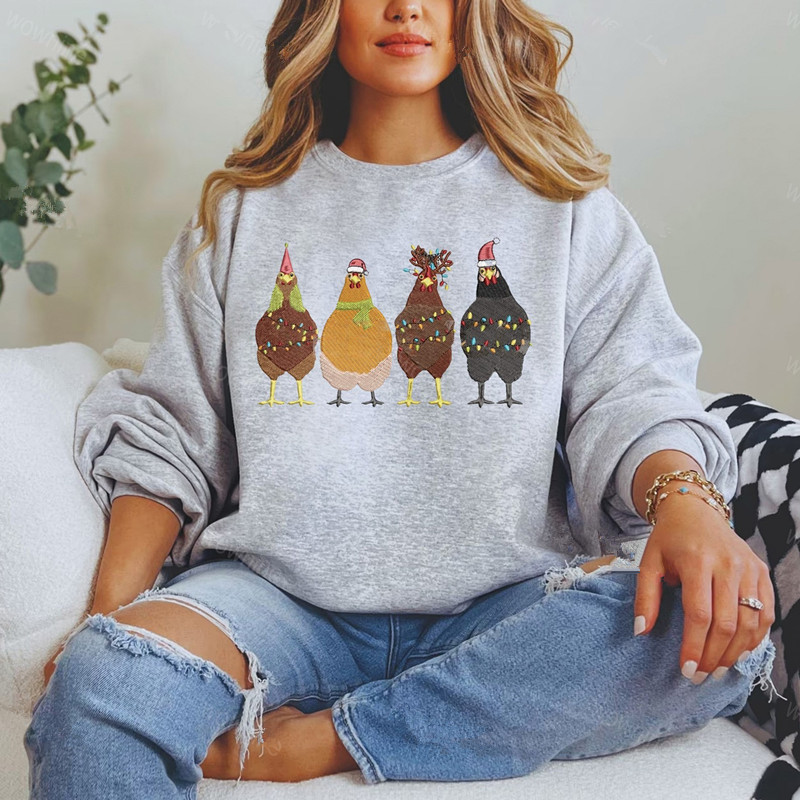 Embroidered Christmas Chicken Sweatshirt, Christmas Farm Animals Sweatshirts