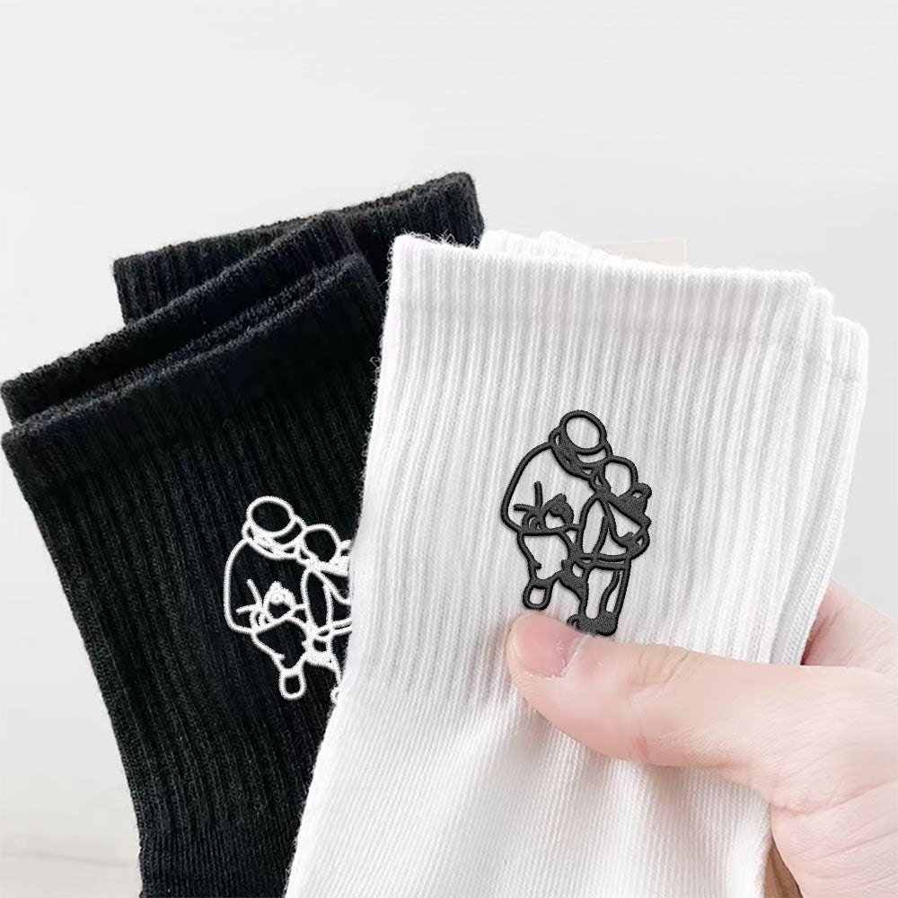 Embroidered Father And Son Socks, Embroidered Line Character Socks, Pure Cotton Socks, Father And Son Photo Socks, Meaningful Sock Gifts, Thick Cotton Vertical Socks-ilovevango