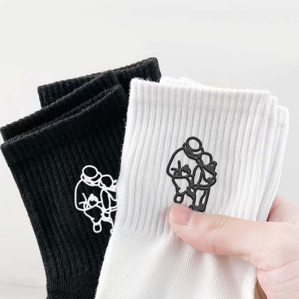Embroidered Father And Son Socks, Embroidered Line Character Socks, Pure Cotton Socks, Father And Son Photo Socks, Meaningful Sock Gifts, Thick Cotton Vertical Socks-ilovevango