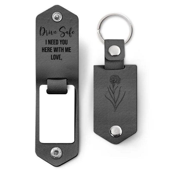 Custom Photo Birth Flower With Name Sketch - Gift For Her, Gift For Women - Personalized Leather Photo Keychain-ilovevango