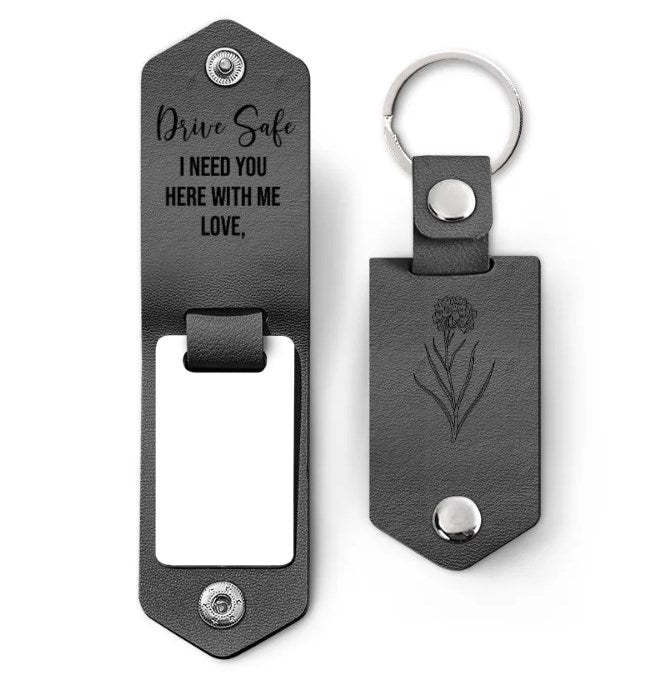 Custom Photo Birth Flower With Name Sketch - Gift For Her, Gift For Women - Personalized Leather Photo Keychain-ilovevango