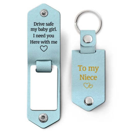 Custom Photo Drive Safe My Baby Girl I Need You Here With Me - Birthday, Loving Gift For Girl, Daughter, Granddaughter - Personalized Leather Photo Keychain-ilovevango