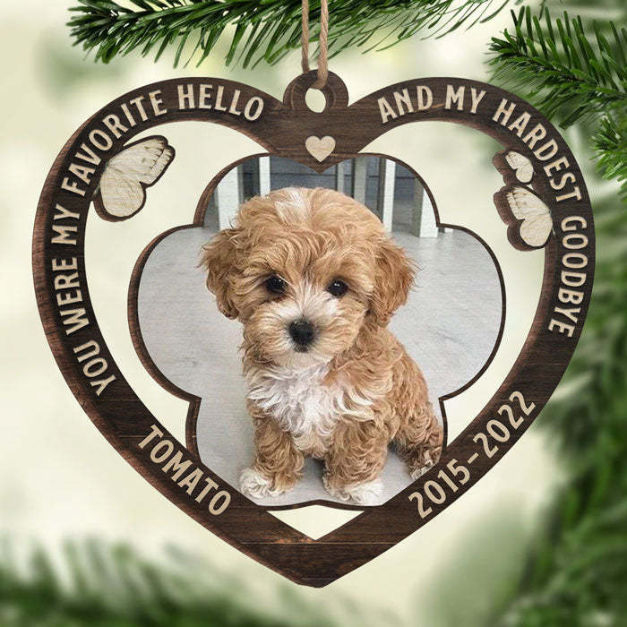 My Favorite Hello And My Hardest Goodbye - Personalized Custom Heart Shaped Wood Christmas Ornament