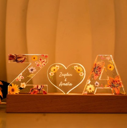 Couple Initial Letter, Flower Birth Month, Personalized LED Night Light