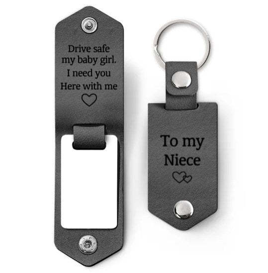Custom Photo Drive Safe My Baby Girl I Need You Here With Me - Birthday, Loving Gift For Girl, Daughter, Granddaughter - Personalized Leather Photo Keychain-ilovevango