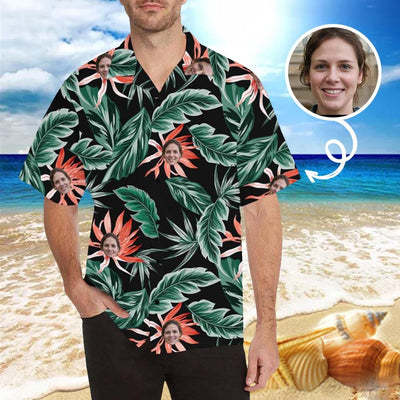 Custom Face Hawaiian Shirt Red Flower Leaves Aloha Shirts for Boyfriend/Husband Birthday Vacation Party Gift-ilovevango