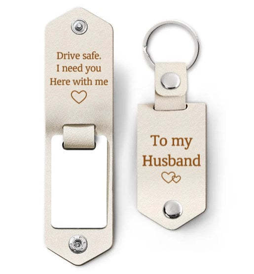 Custom Photo Drive Safe I Need You Here With Me - Gift For Boyfriends, Husbands, Couples - Personalized Leather Photo Keychain-ilovevango