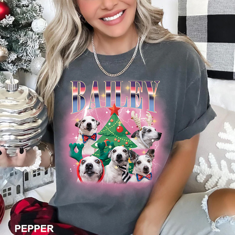 Christmas Tree Bootleg Dog Photo Sweatshirt T Shirt Hoodie, Custom Vintage Christmas Shirt