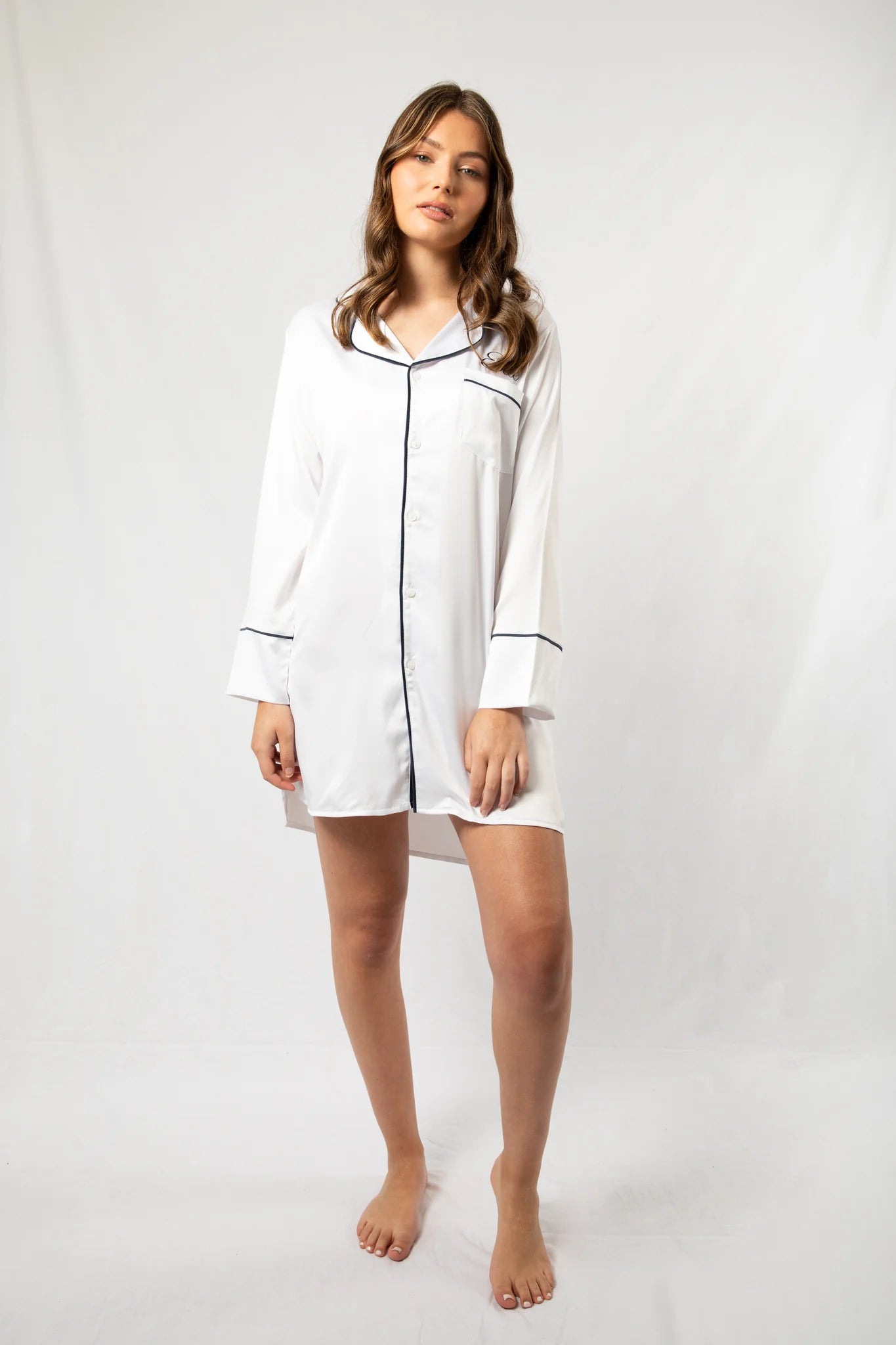 Custom Embroidered Pajamas Set Boyfriend Nighty - White with Navy Piping-ilovevango