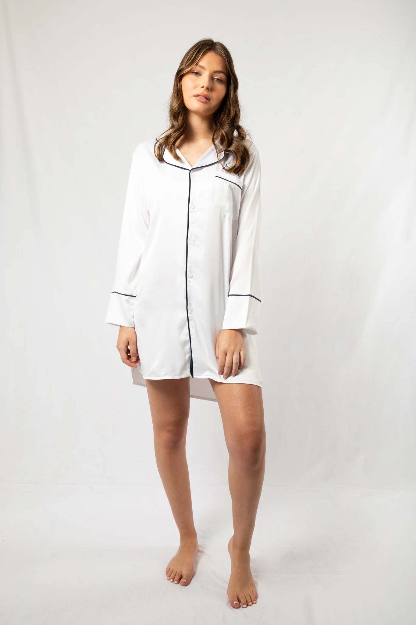 Custom Embroidered Pajamas Set Boyfriend Nighty - White with Navy Piping-ilovevango