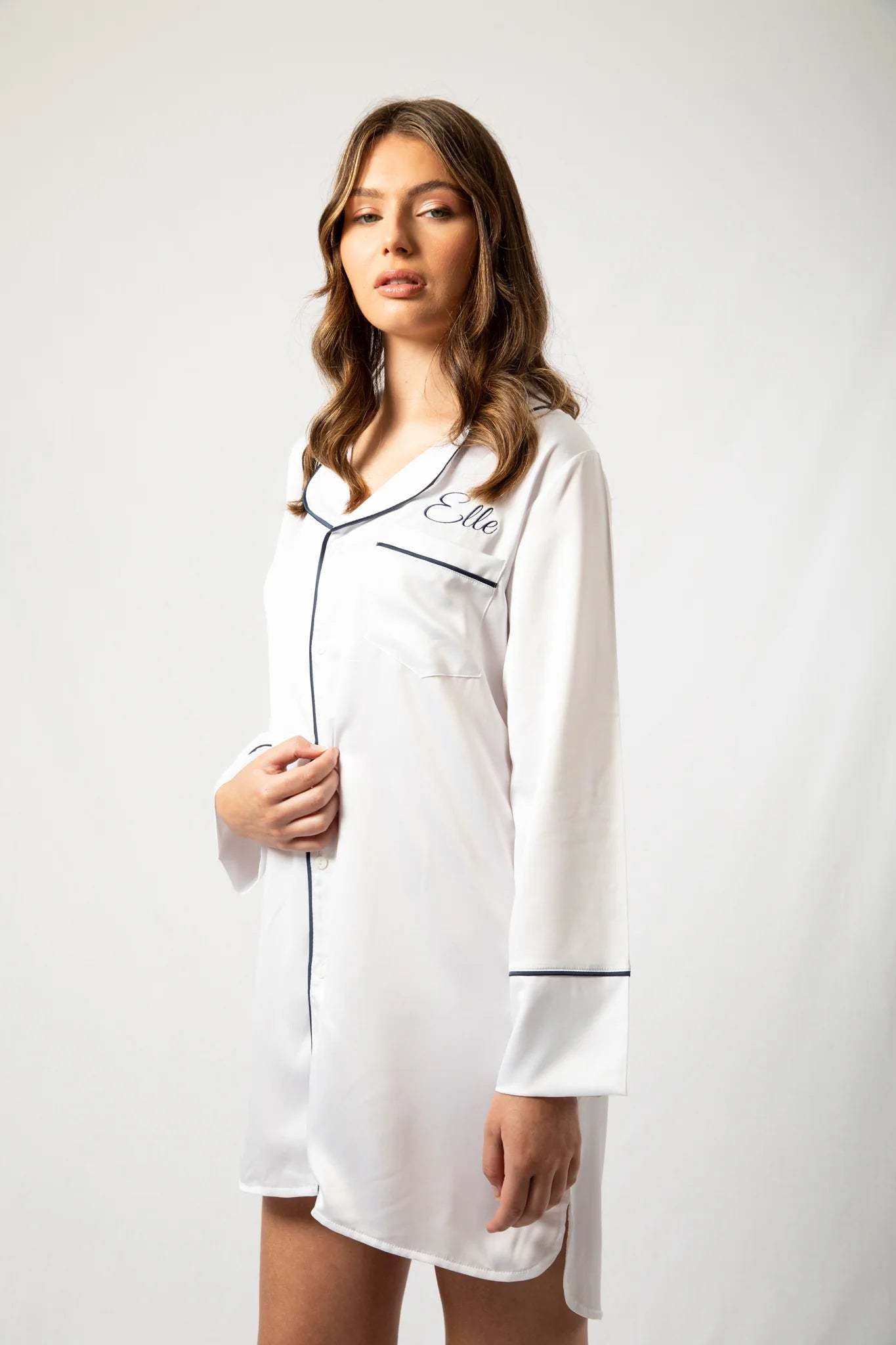 Custom Embroidered Pajamas Set Boyfriend Nighty - White with Navy Piping-ilovevango