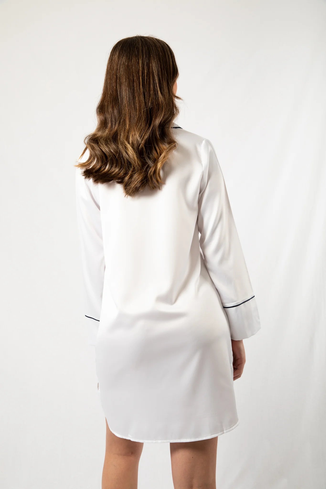 Custom Embroidered Pajamas Set Boyfriend Nighty - White with Navy Piping-ilovevango