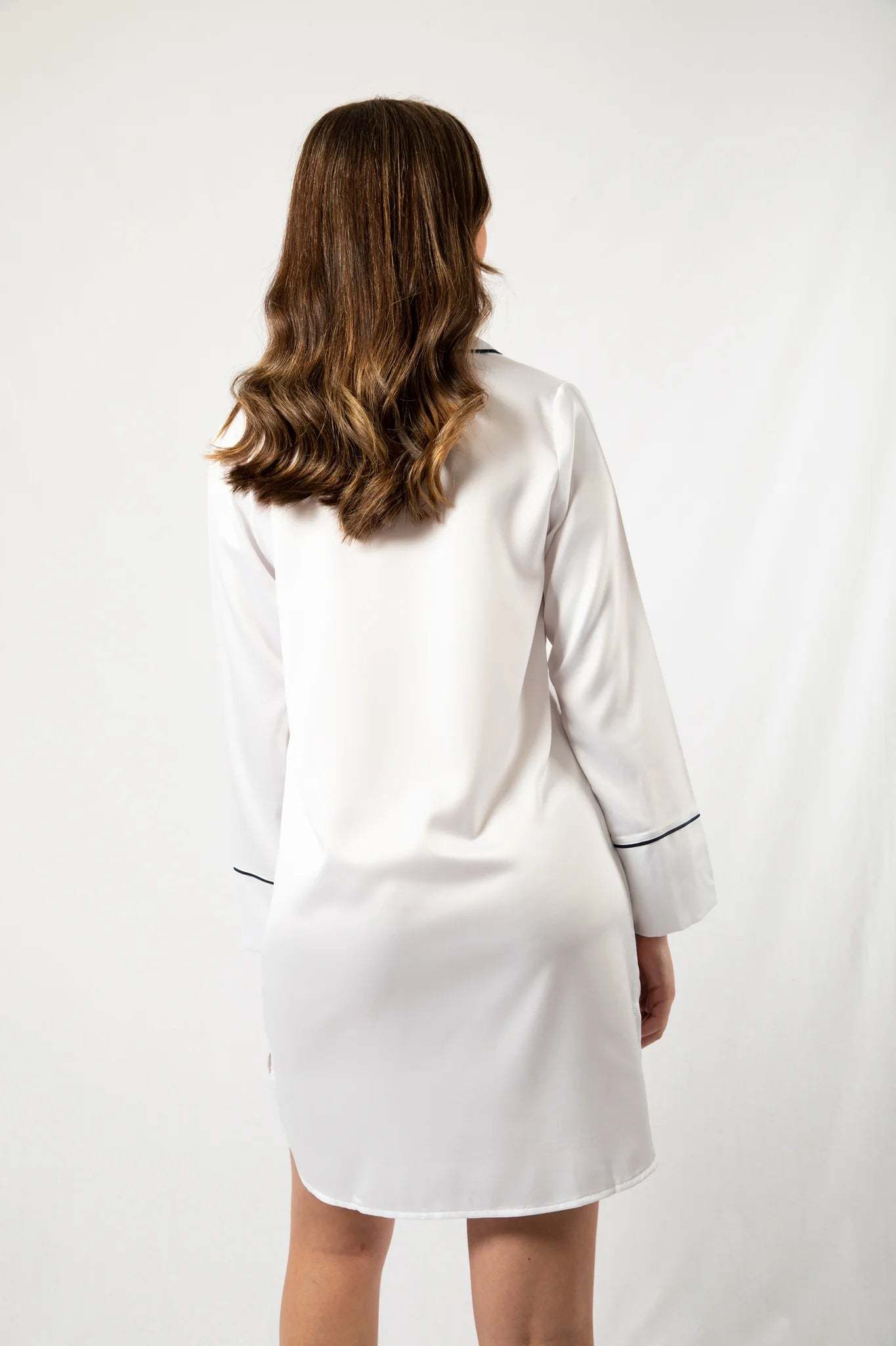 Custom Embroidered Pajamas Set Boyfriend Nighty - White with Navy Piping-ilovevango
