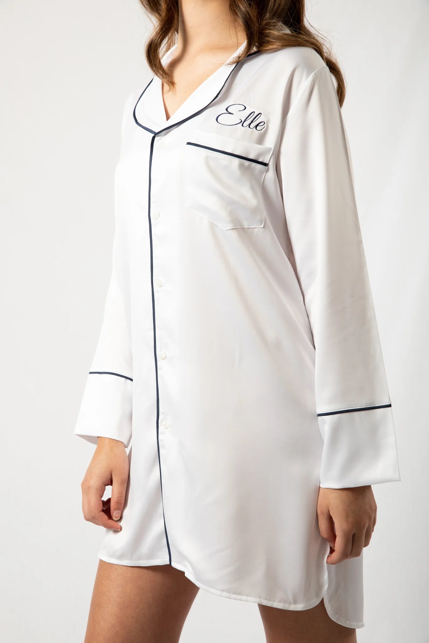 Custom Embroidered Pajamas Set Boyfriend Nighty - White with Navy Piping-ilovevango