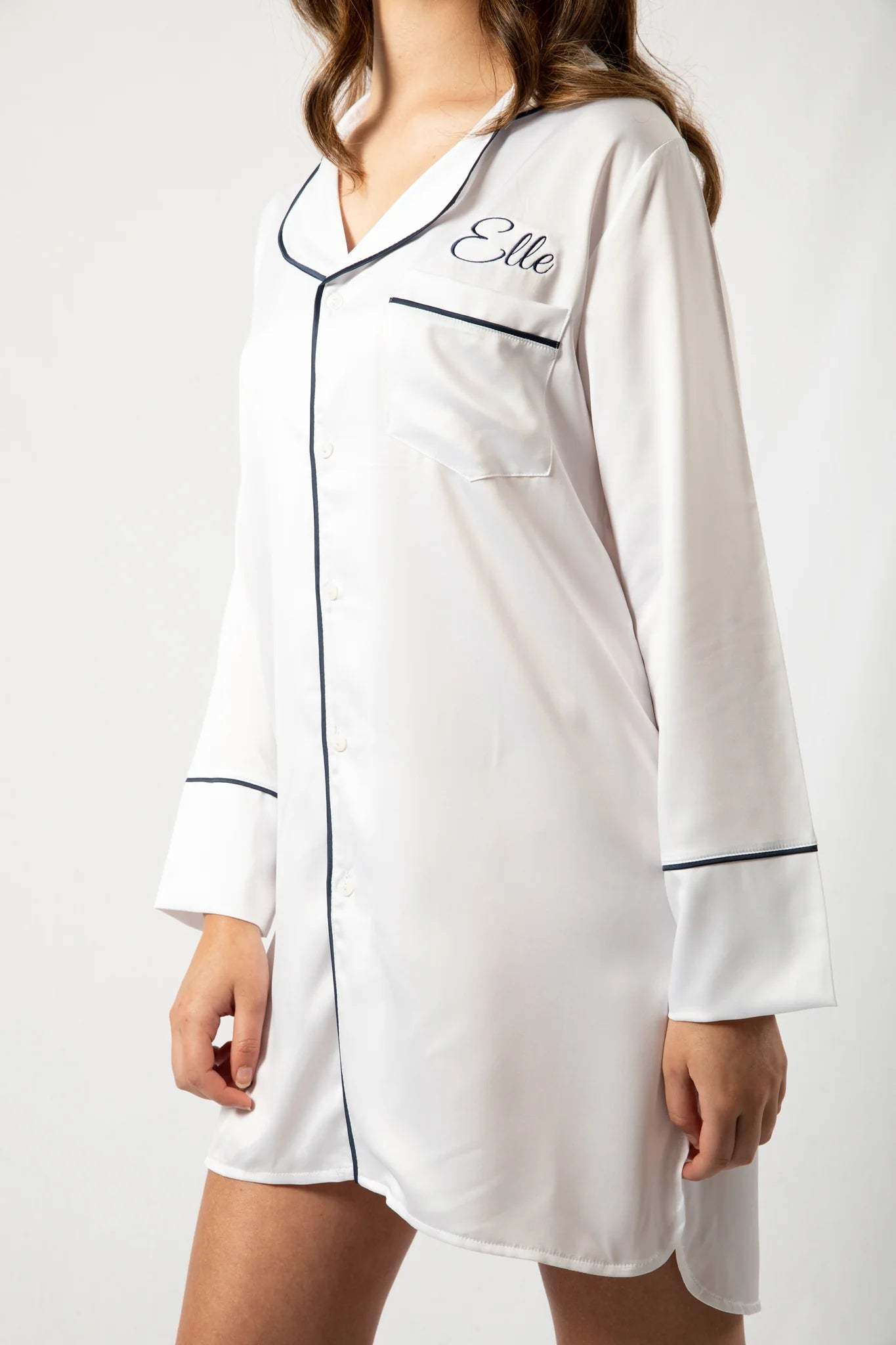 Custom Embroidered Pajamas Set Boyfriend Nighty - White with Navy Piping-ilovevango