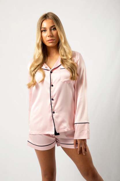 Custom Embroidered Pajamas - Blush/Navy Long-Sleeve with Shorts Set-ilovevango