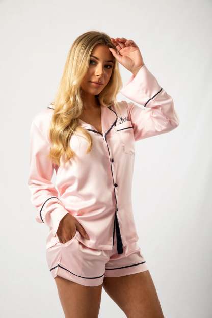 Custom Embroidered Pajamas - Blush/Navy Long-Sleeve with Shorts Set-ilovevango