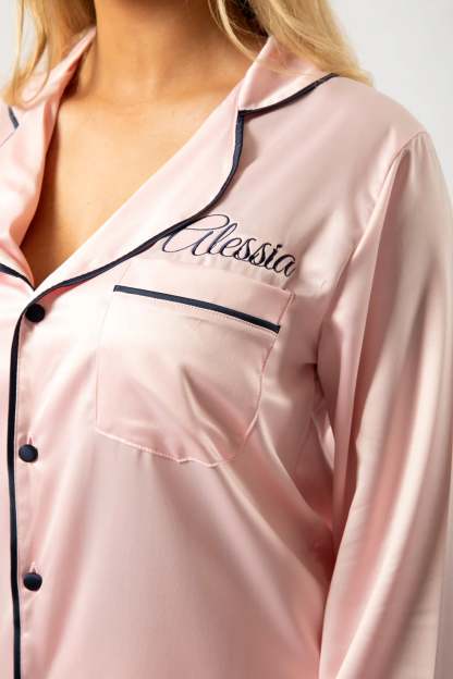Custom Embroidered Pajamas - Blush/Navy Long-Sleeve with Shorts Set-ilovevango