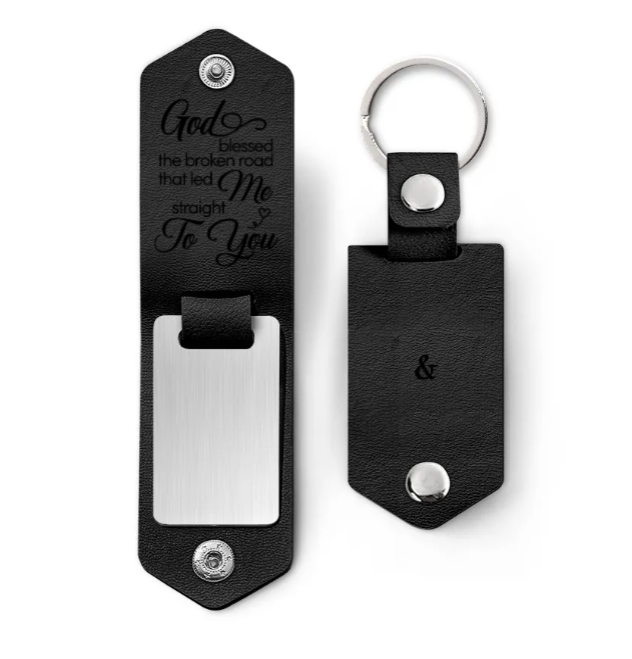 Custom Photo God Blessed The Broken Road - Loving, Anniversary Gift For Couple, Spouse, Husband, Wife - Personalized Leather Photo Keychain-ilovevango