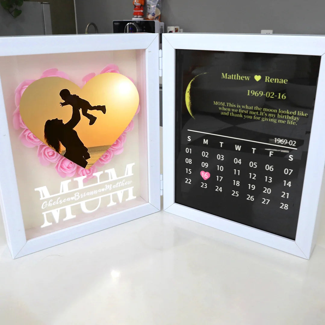 (Mom Photo With Name) With REAL MOON PHASE Anniversary Calendar Custom flower frame-ilovevango